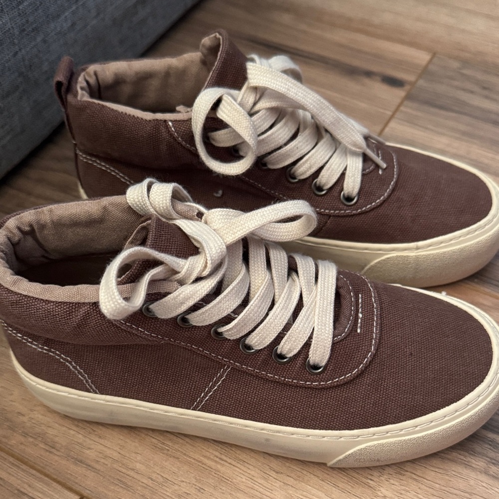 Zara Brown Canvas High-Top Sneakers with Cream Laces